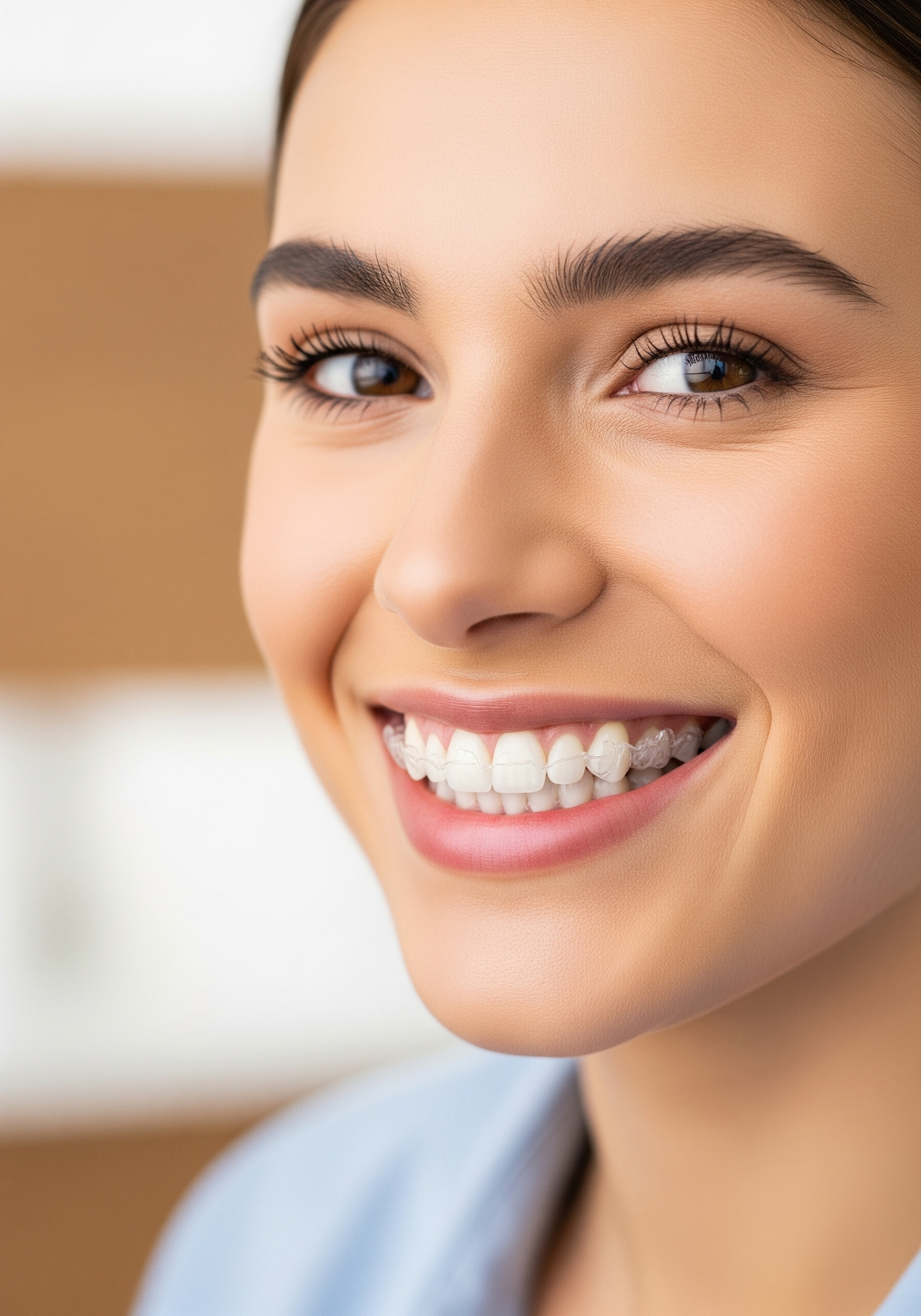 Close-up of a smiling woman showing clear ceramic braces on her upper teeth.