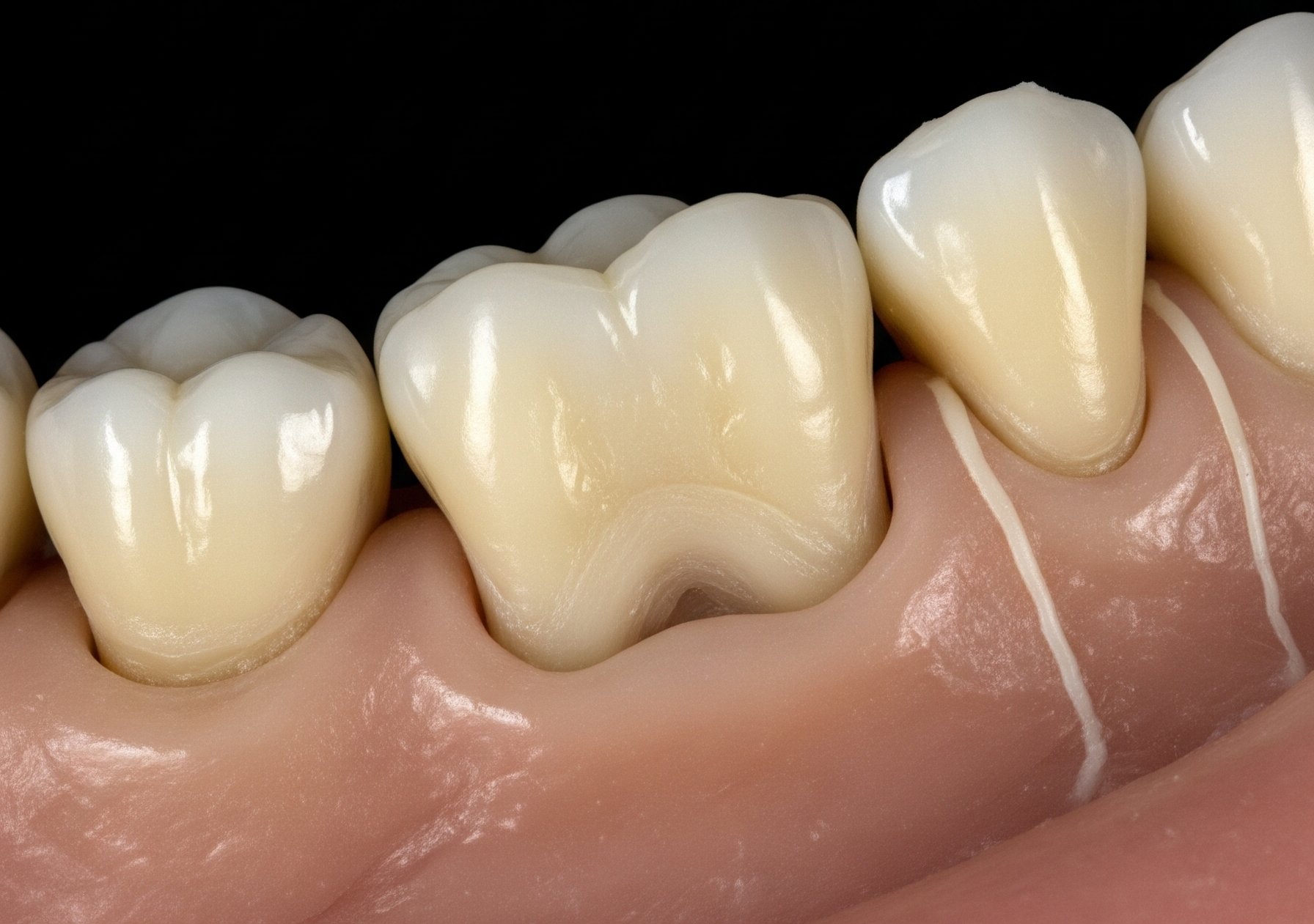 Close-up 3D illustration of healthy molars and gums, showing natural tooth contours and surface detail.