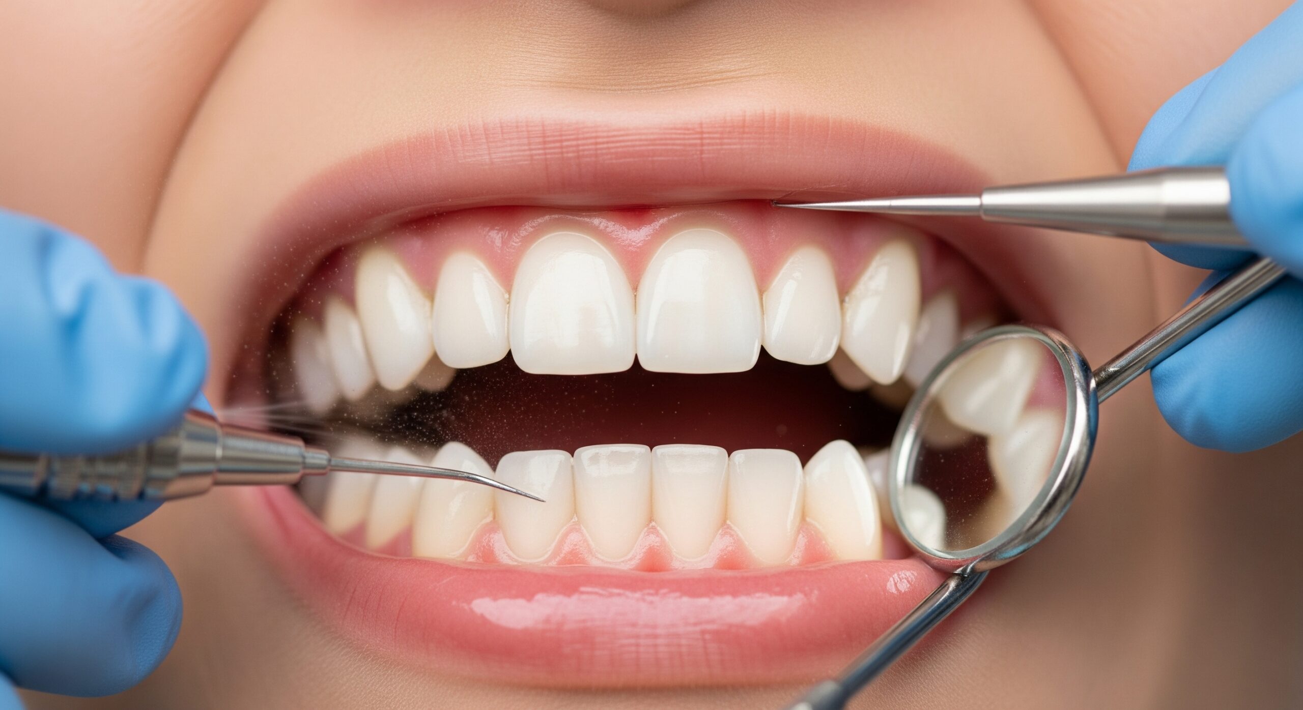 Close-up of dental cleaning with scaler and mirror as a hygienist removes plaque from a patient’s front teeth.