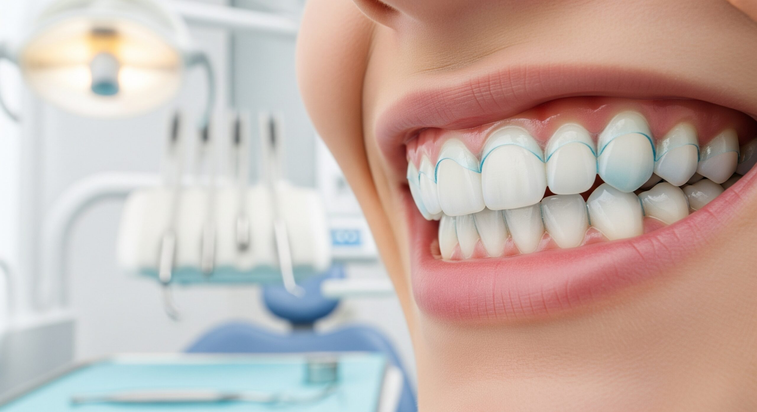 Close-up of a bright smile showing tooth contour markings in a modern dent`al clinic setting.