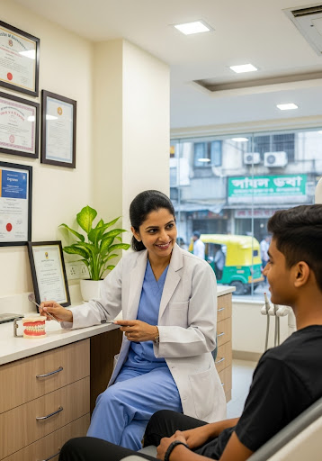 Dentist discussing dental model with a young male patient during a consultation in a modern clinic.