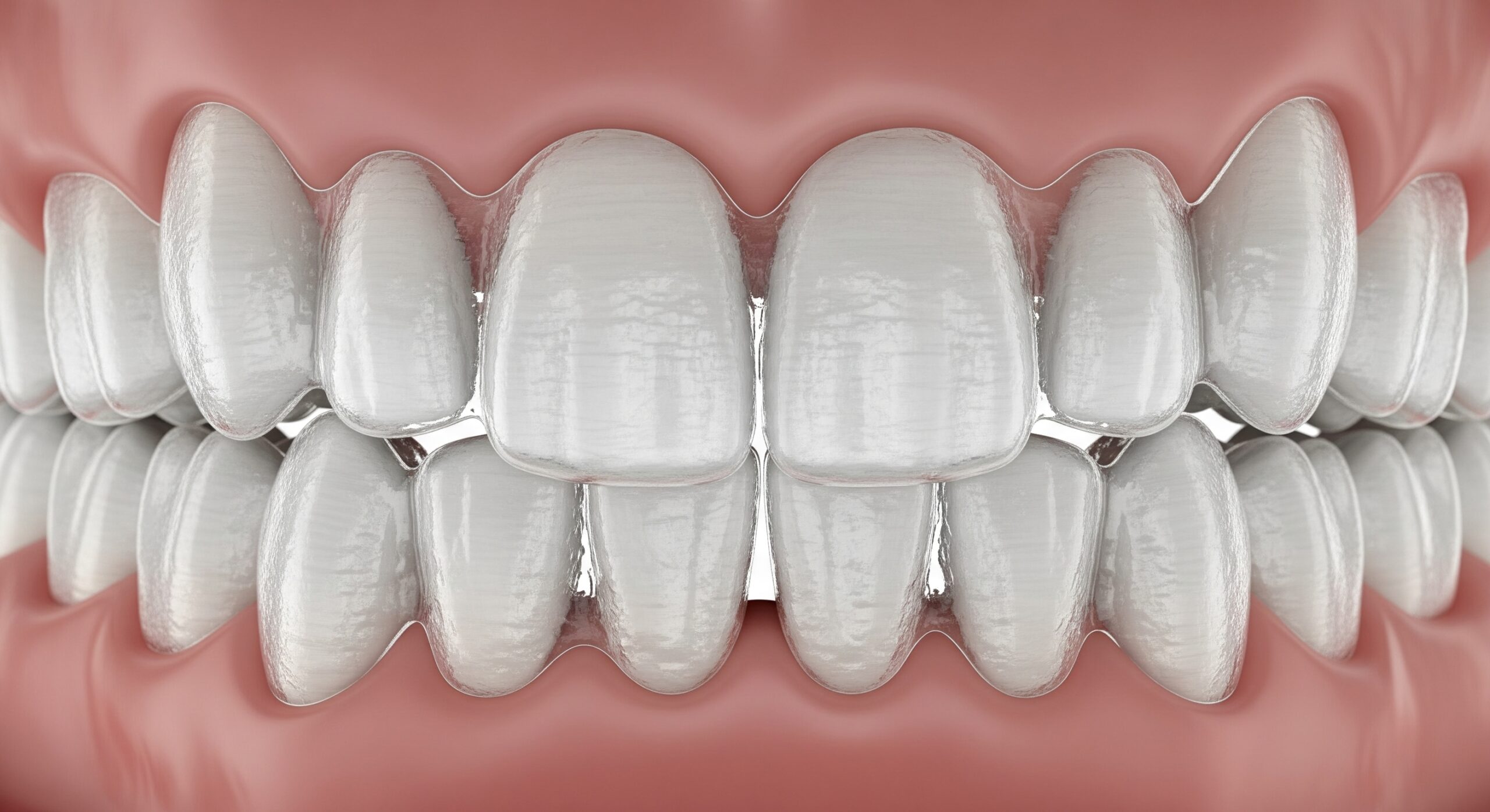 Close-up illustration of teeth wearing clear aligners designed for orthodontic correction.