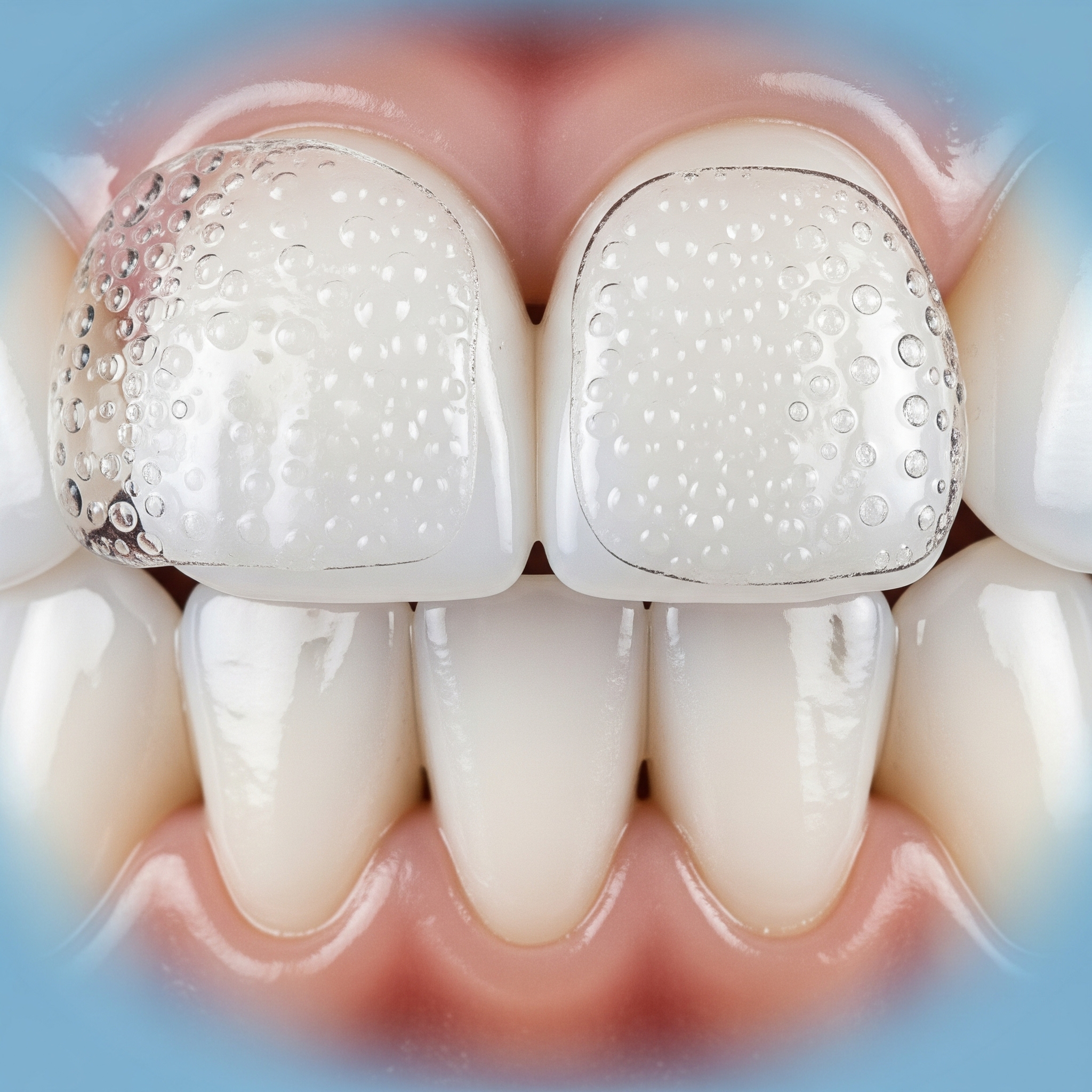 Close-up of dental veneers being bonded to upper front teeth with adhesive gel during cosmetic treatment.