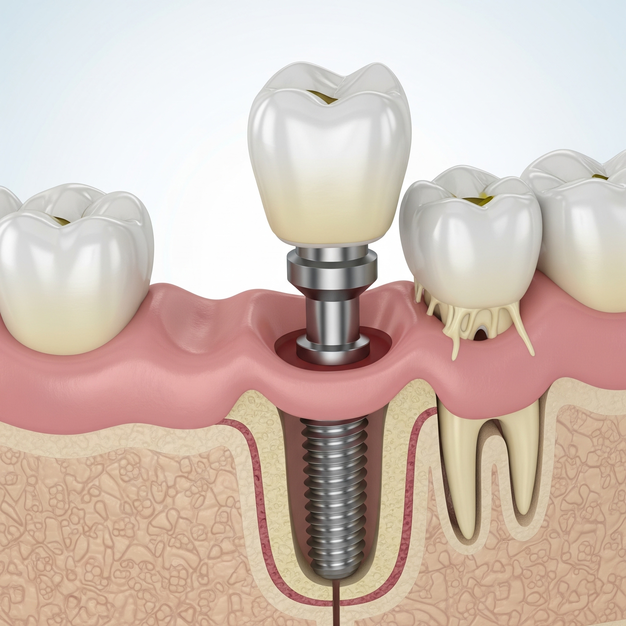 3D illustration of a dental implant with crown placement beside a natural tooth with damaged roots.