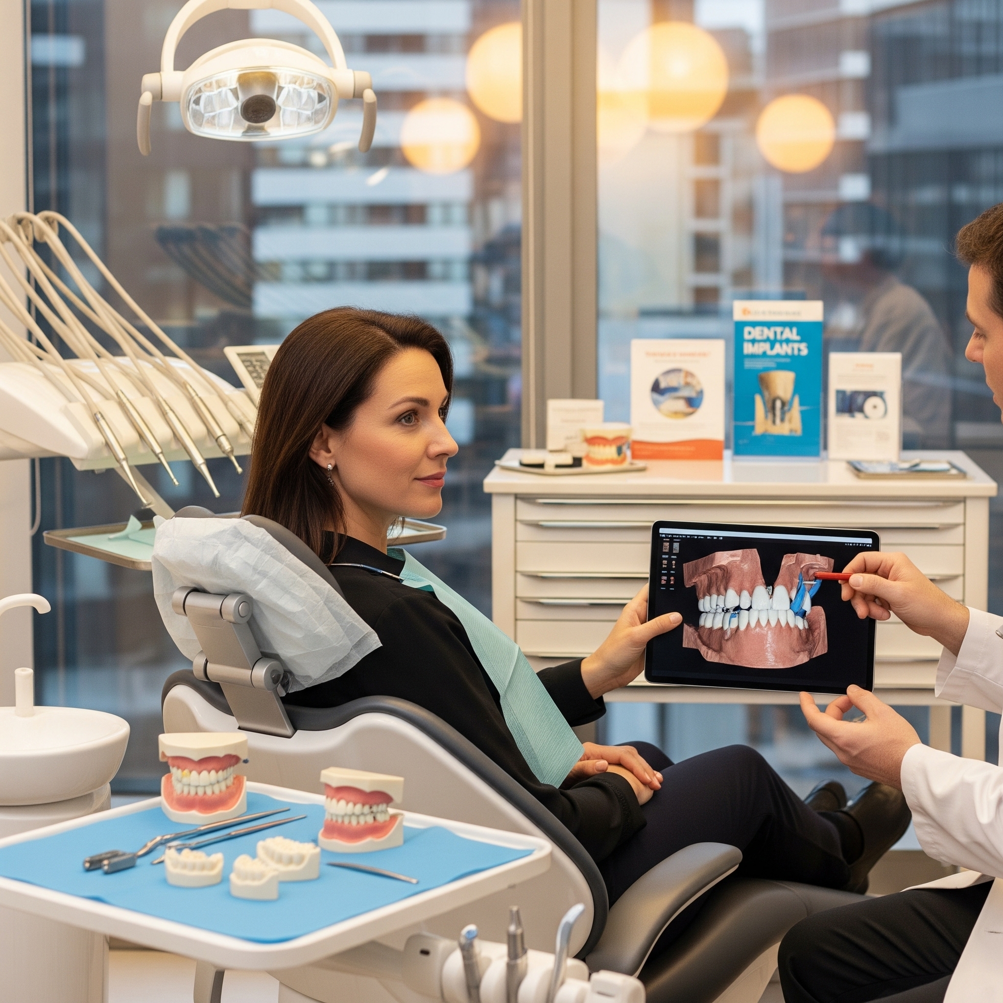 Dentist showing a patient a digital dental implant plan on a tablet during a consultation in a modern clinic.