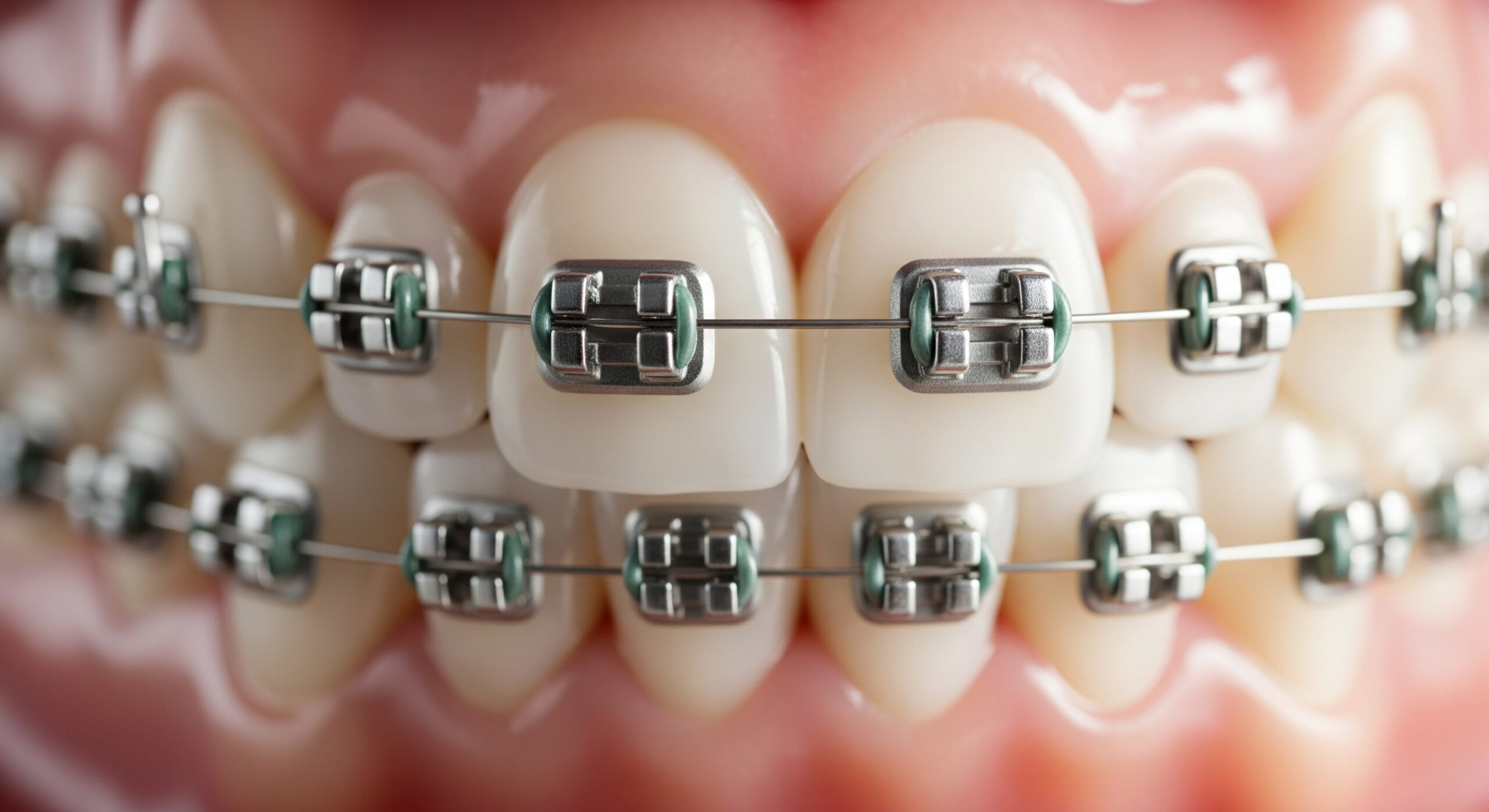 Close-up of clean, aligned teeth with traditional metal braces and green elastic ligatures.