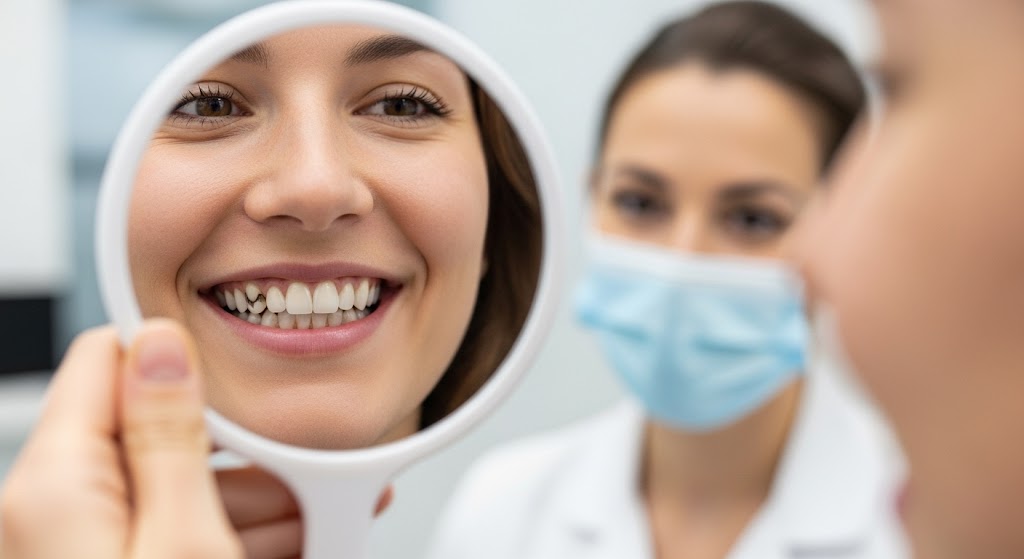 Woman smiling while checking her teeth in a handheld mirror at a dental clinic with the dentist in the background.
