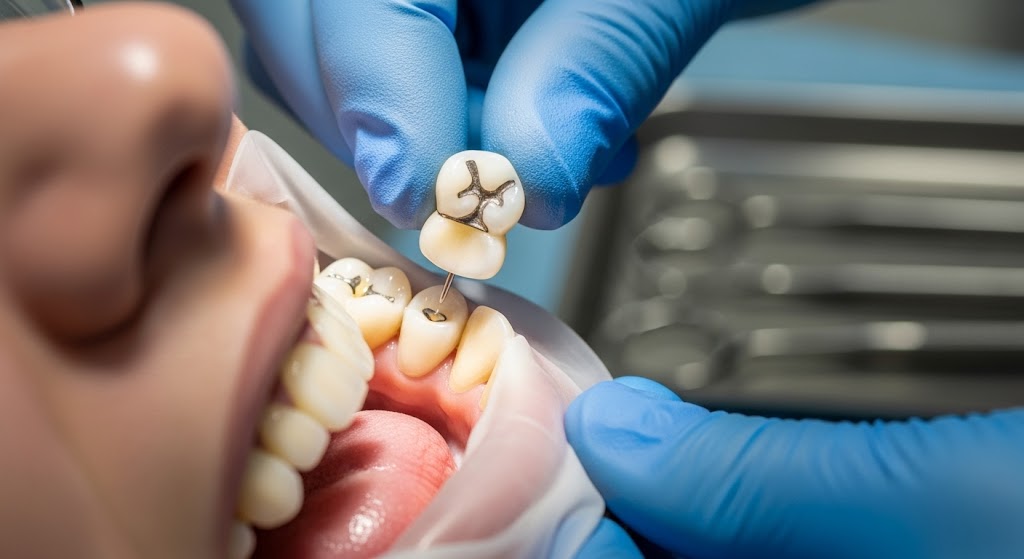 Dentist placing a dental crown over a prepared tooth while wearing blue gloves during a restorative procedure.