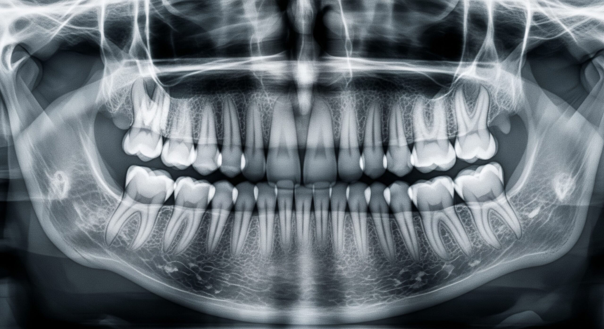 Panoramic dental X-ray showing full upper and lower teeth, jawbone structure, and surrounding oral anatomy.