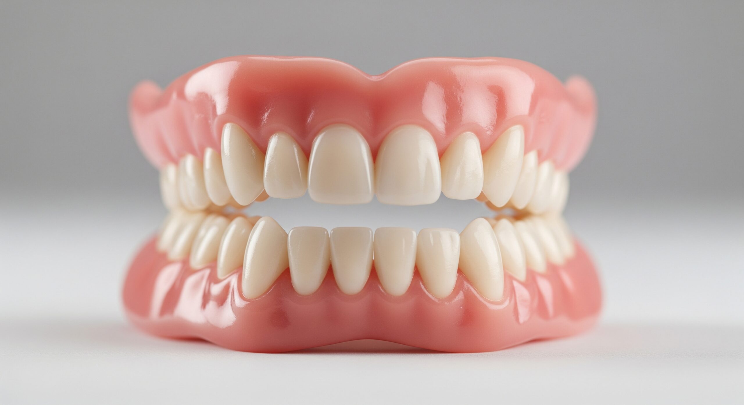 Full set of upper and lower pink-gum dentures displayed against a neutral background.
