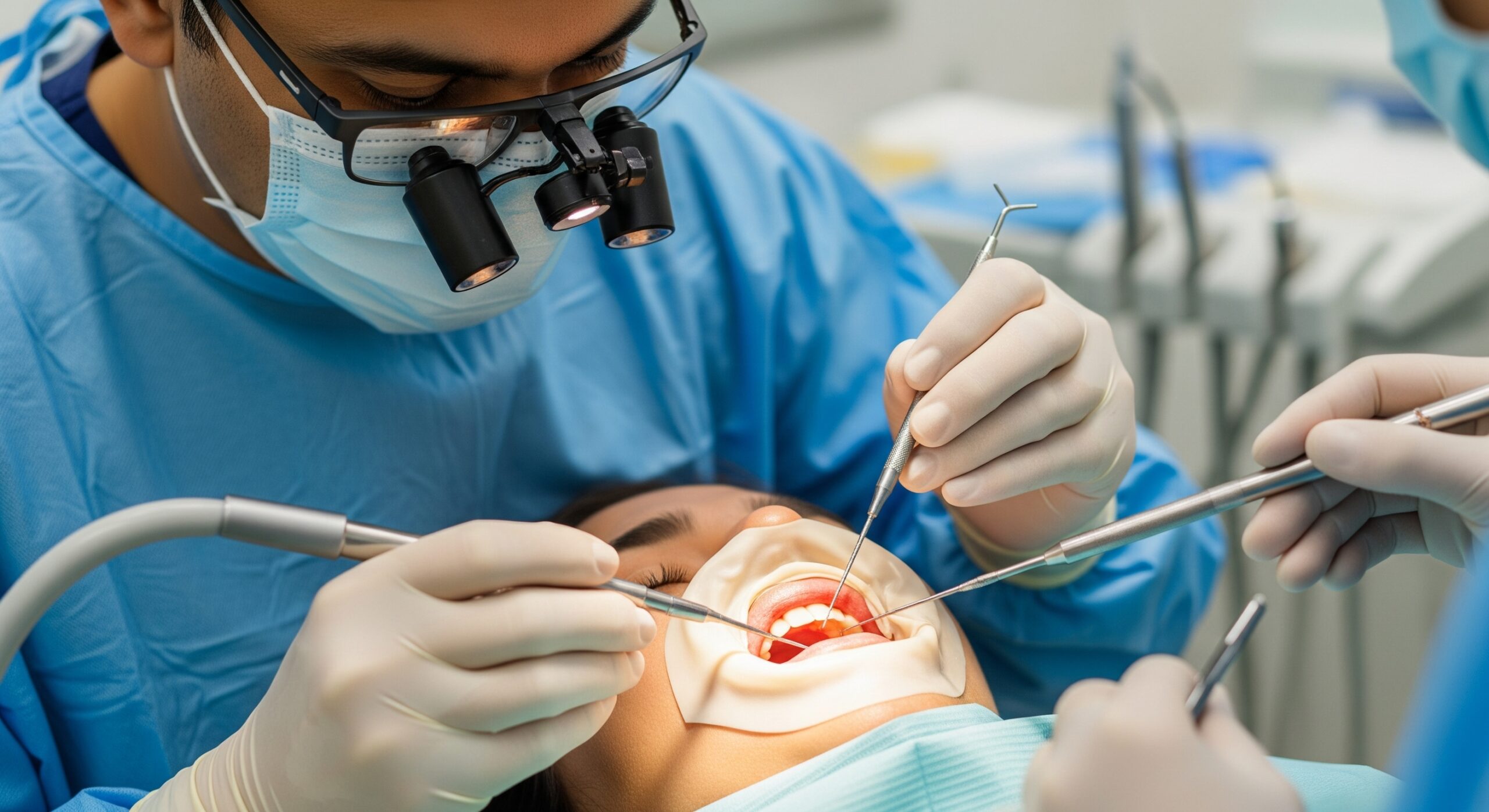 Dentist performing a precise dental procedure using magnifying loupes and multiple instruments in a modern clinic.