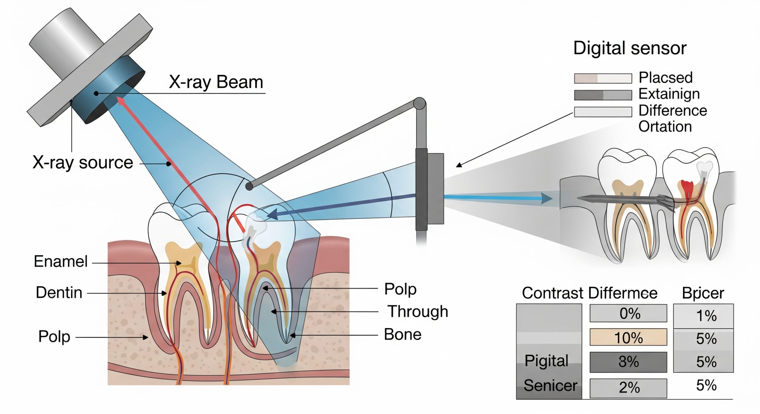 Illustration showing how dental X-ray beams pass through tooth layers to a digital sensor for diagnostic imaging.