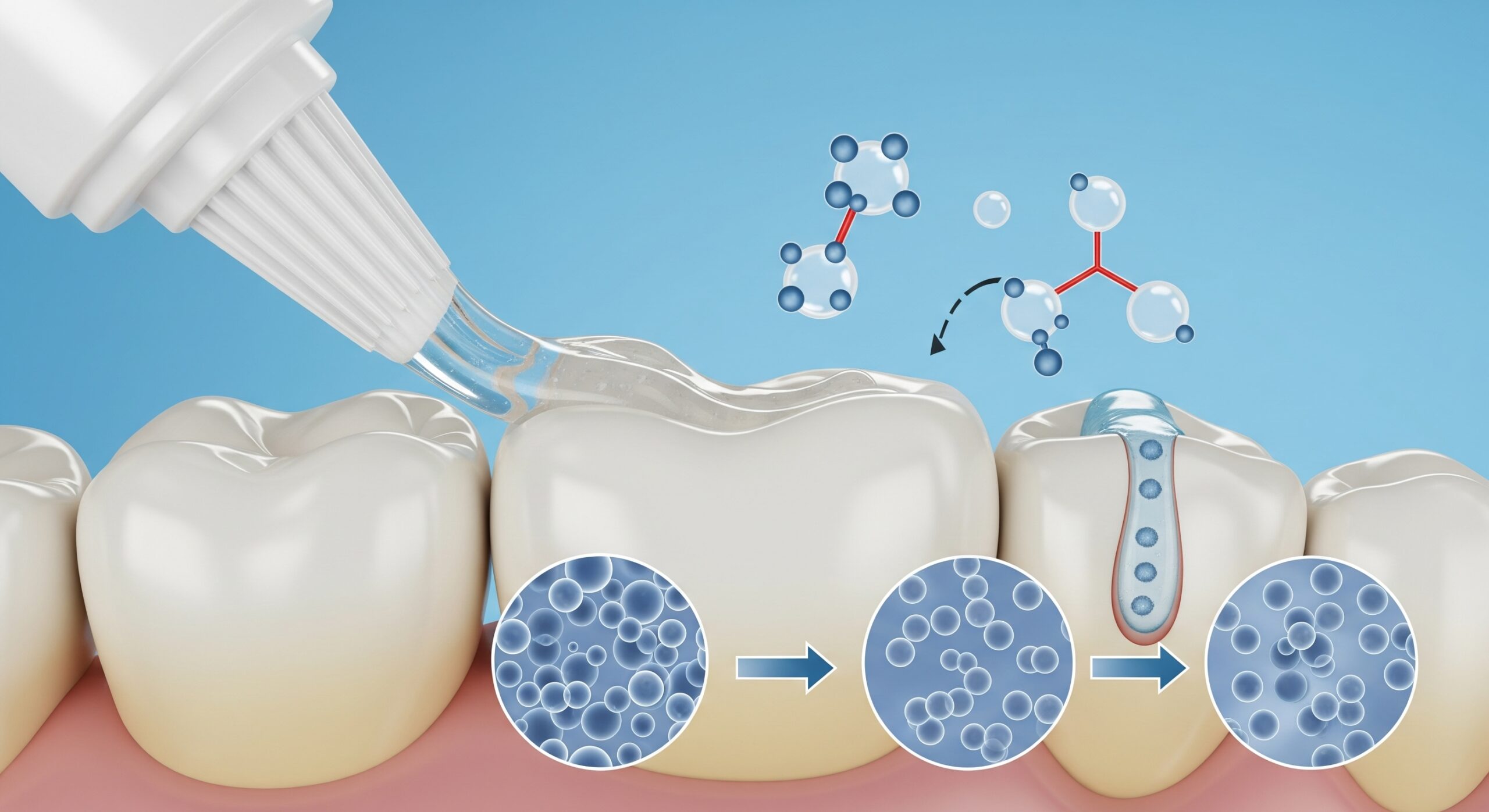 Illustration of dental filling material applied to a cavity with diagrams showing the bonding and sealing process.