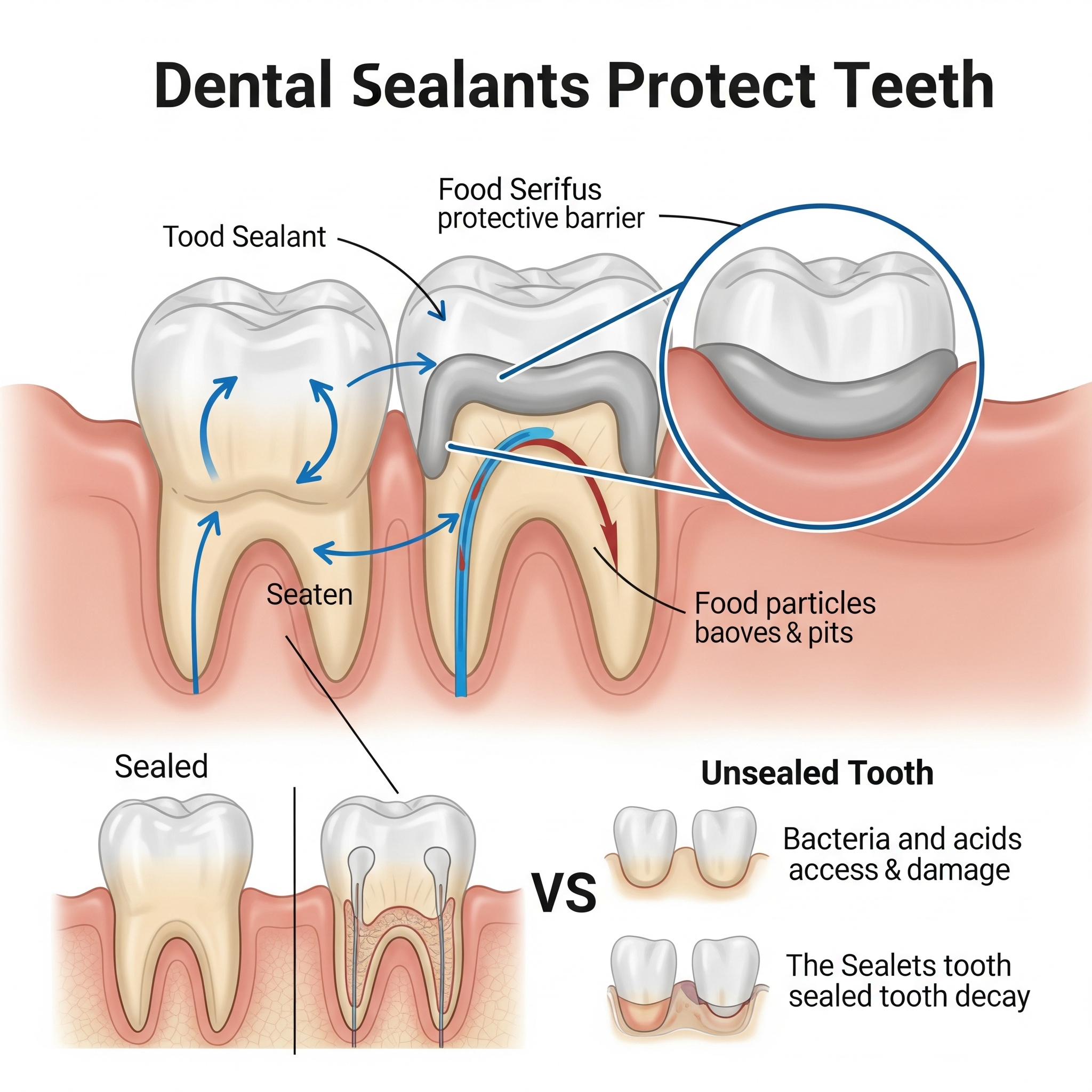 Illustration comparing sealed and unsealed teeth, showing how dental sealants protect molars from decay.