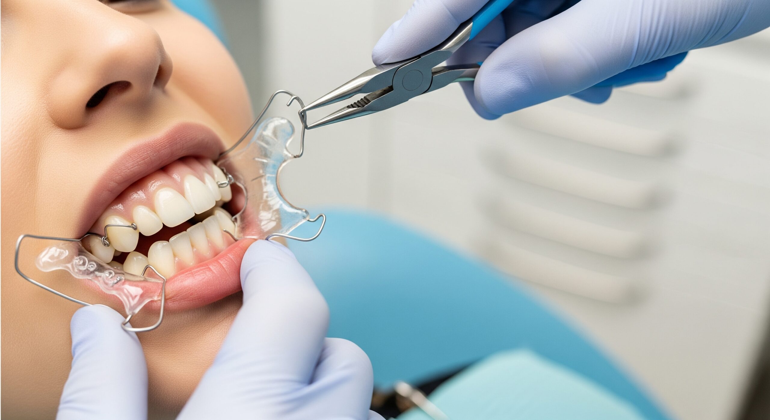Dentist adjusting a clear orthodontic retainer on a patient's teeth using pliers during a dental checkup.