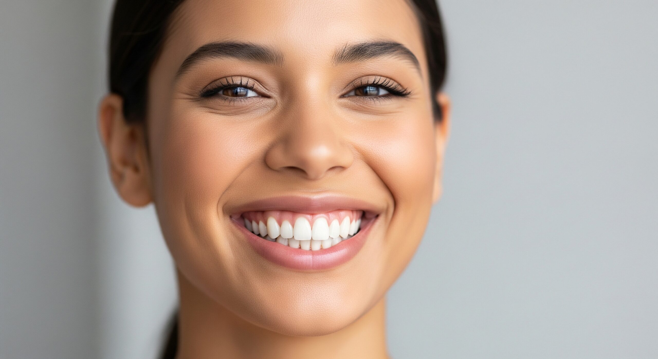 Close-up of a woman smiling brightly, showing clean, healthy teeth and smooth, glowing skin.