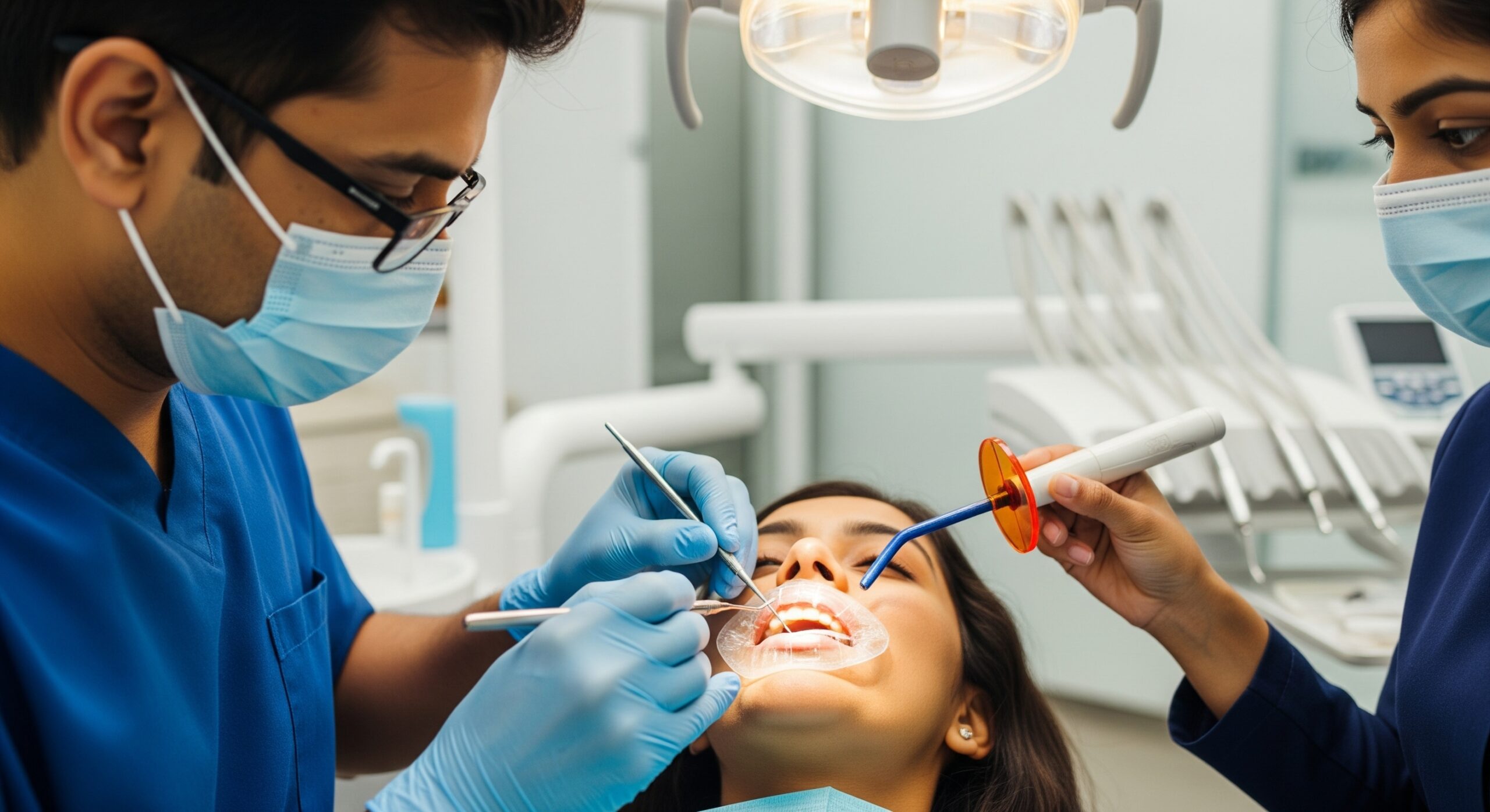 Dental team performing a restorative procedure on a patient using professional instruments in a modern clinic.