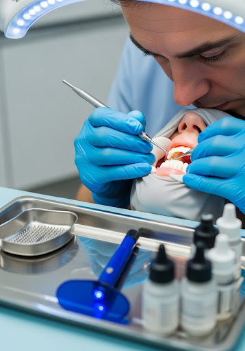 Dentist performing a dental procedure with tools and materials on a tray in a modern clinical setting.