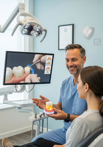 Dentist explaining a dental procedure using a tooth model and screen visuals to a patient in a modern clinic.