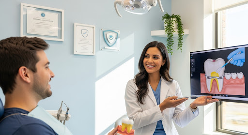 Dentist explaining a tooth treatment using a 3D diagram on a monitor while the patient listens in the clinic.
