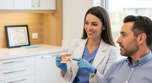 Female dentist explaining a dental model to a patient during a consultation in a modern, well-lit clinic.