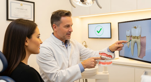 Dentist explaining dental crown treatment to a patient using a tooth model and digital screen illustration.