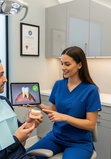 Dentist explaining a tooth model and treatment plan to a patient using a digital screen illustration.