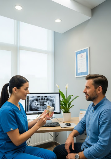 Dentist explaining a dental model to a patient while reviewing a dental X-ray on a computer in a modern clinic