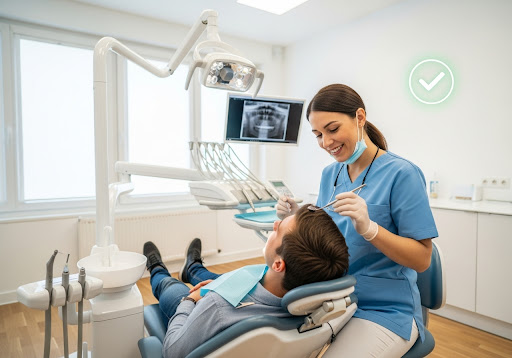 Dentist smiling while examining a patient’s teeth during a routine checkup in a modern dental clinic.