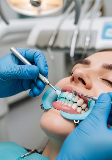 Dentist applying whitening gel to a patient’s teeth during a professional dental bleaching procedure.