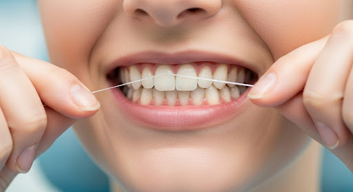 Close-up of a person flossing their teeth, demonstrating proper interdental cleaning for better oral hygiene.