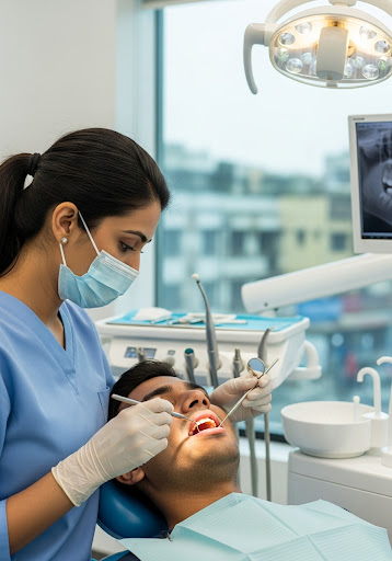 Dentist performing a dental checkup on a patient under bright clinic lighting with tools and X-ray screen nearby.