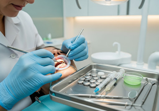 Dentist working on patient's teeth with instruments and syringes on a metal tray beside them.