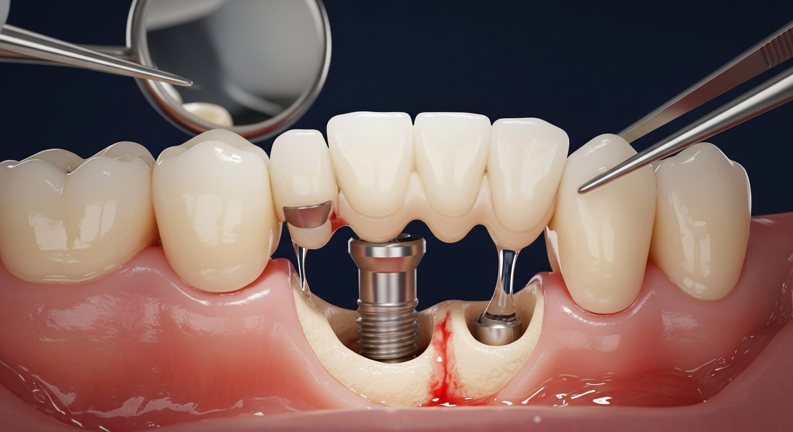 Close-up 3D view of dental implant placement with surrounding teeth and abutments during restoration.