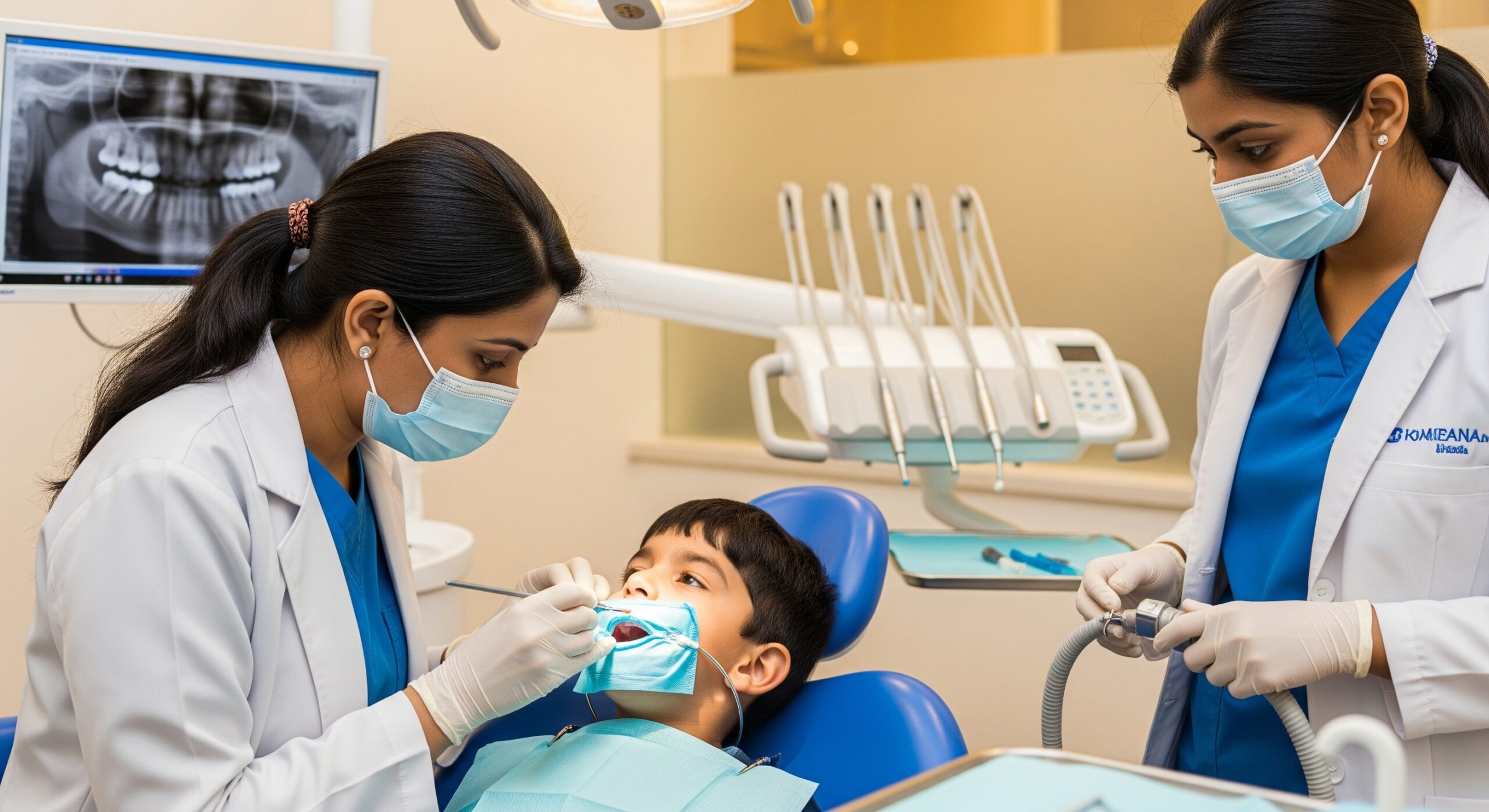 Dentist performing a pediatric dental check-up with an assistant in a modern clinic setting.