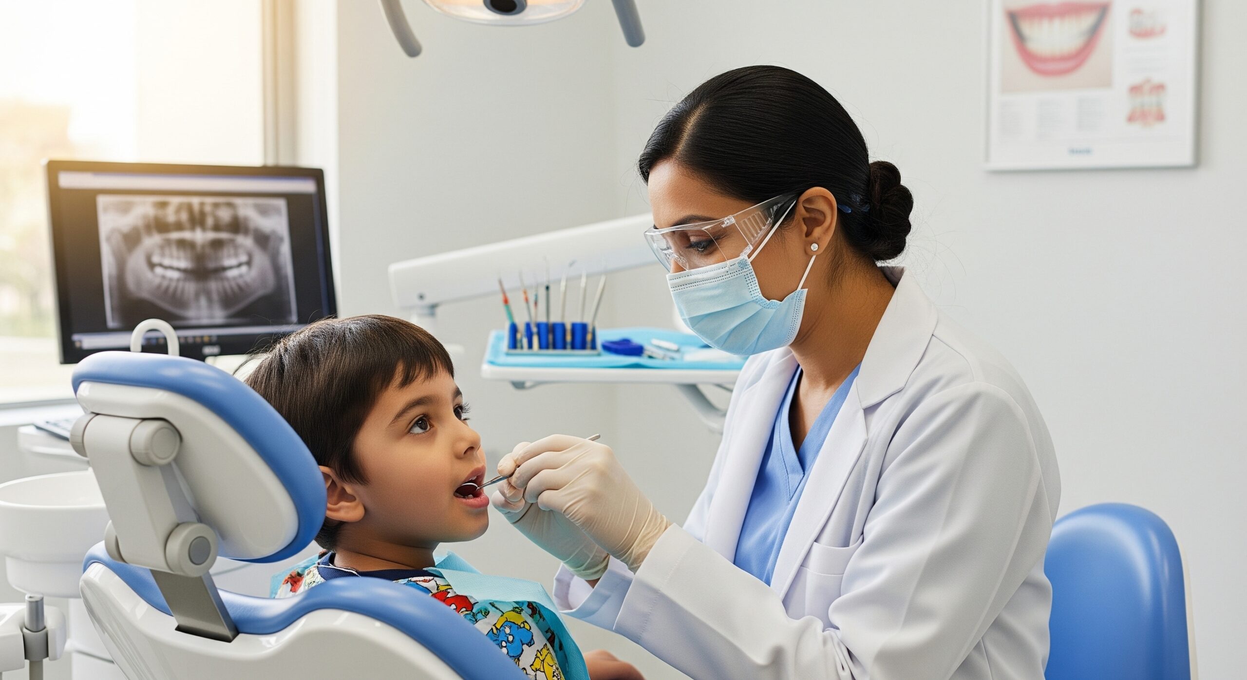 Dentist conducting a pediatric oral check-up for a young child in a bright, modern dental clinic.
