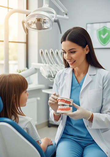 Dentist teaching a child proper oral hygiene using a dental model in a bright, modern clinic.