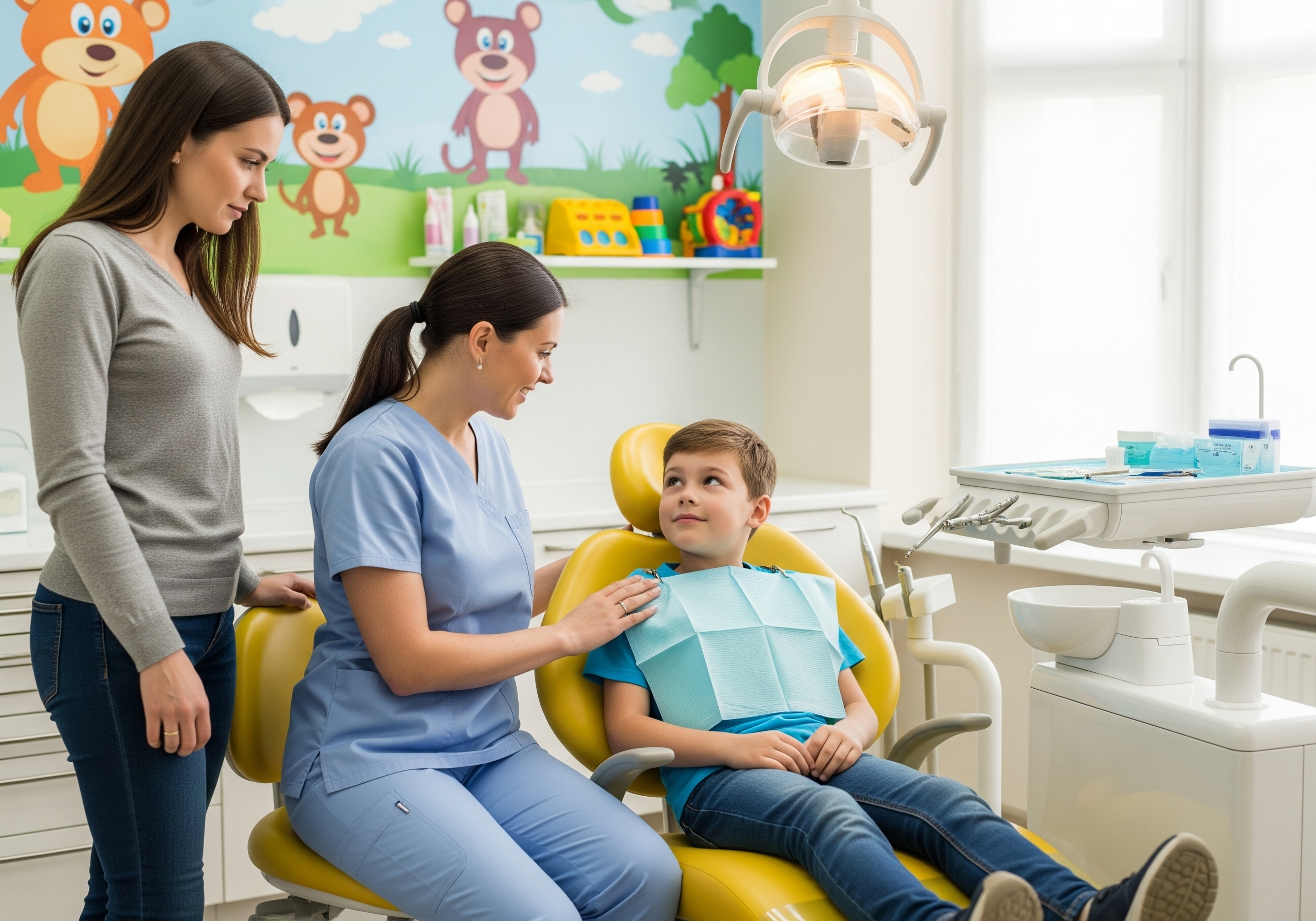 Pediatric dentist reassuring a young boy with his parent beside him in a bright, child-friendly dental clinic.