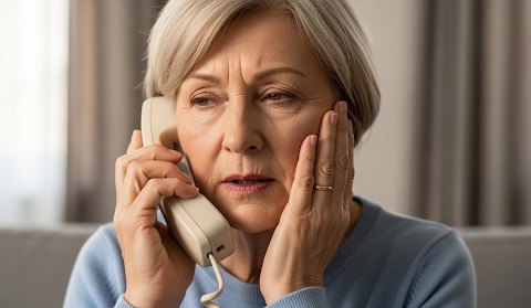 Elderly woman holding her cheek in discomfort while calling for dental assistance.