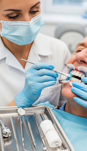 Dentist checking a patient’s teeth using dental tools during an oral examination in a clinic.