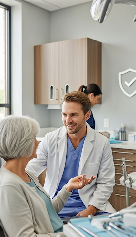 Dentist discussing treatment options with an elderly patient in a modern dental clinic.