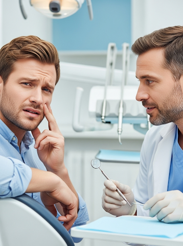 Dentist examining a patient pointing to tooth pain during a consultation in a modern dental clinic.