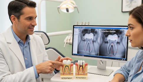 Dentist explaining root canal retreatment vs extraction to a patient using dental models and X-ray images.