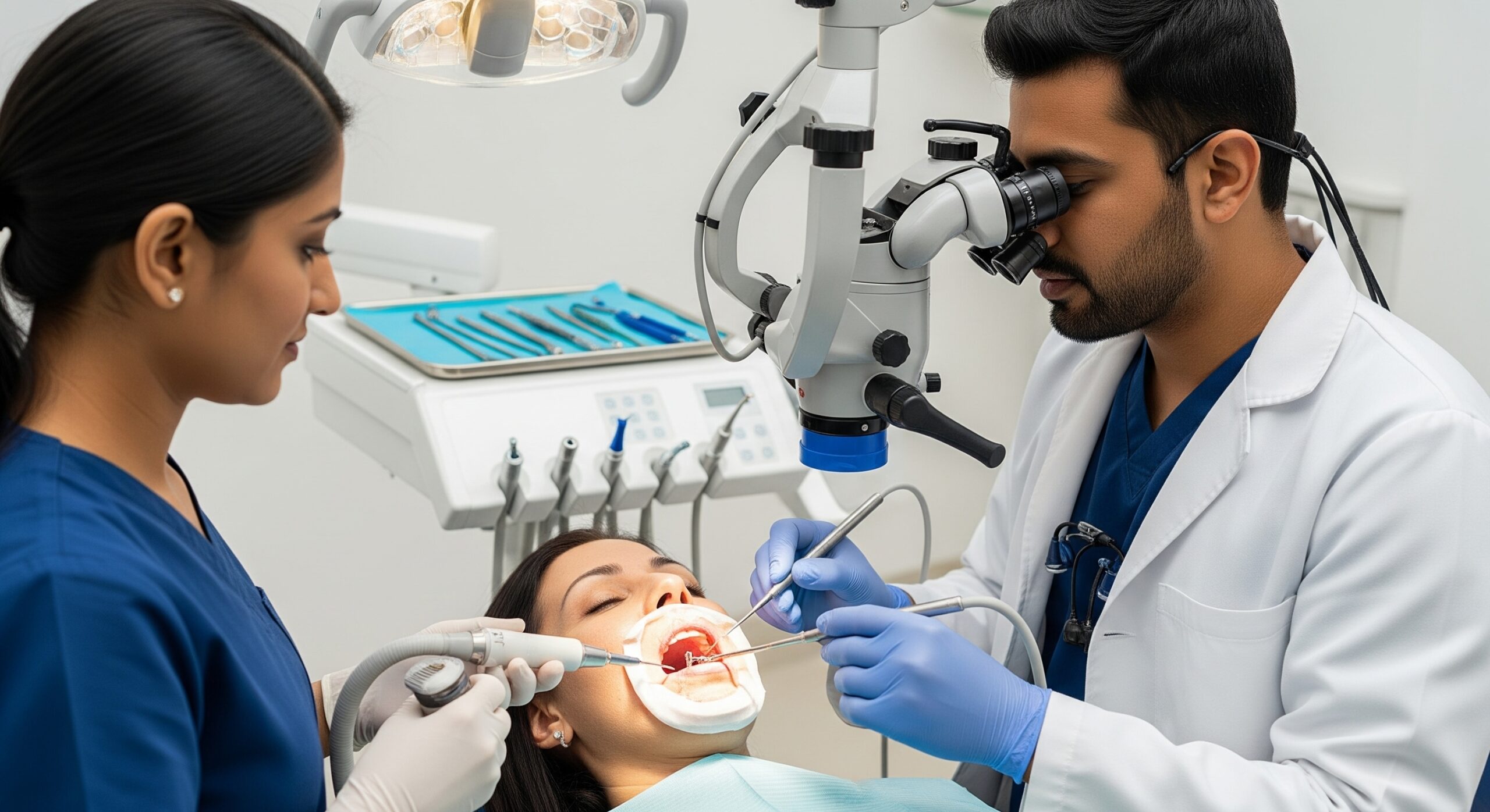 Dentist performing a detailed oral procedure under a dental microscope with an assistant supporting in the clinic.