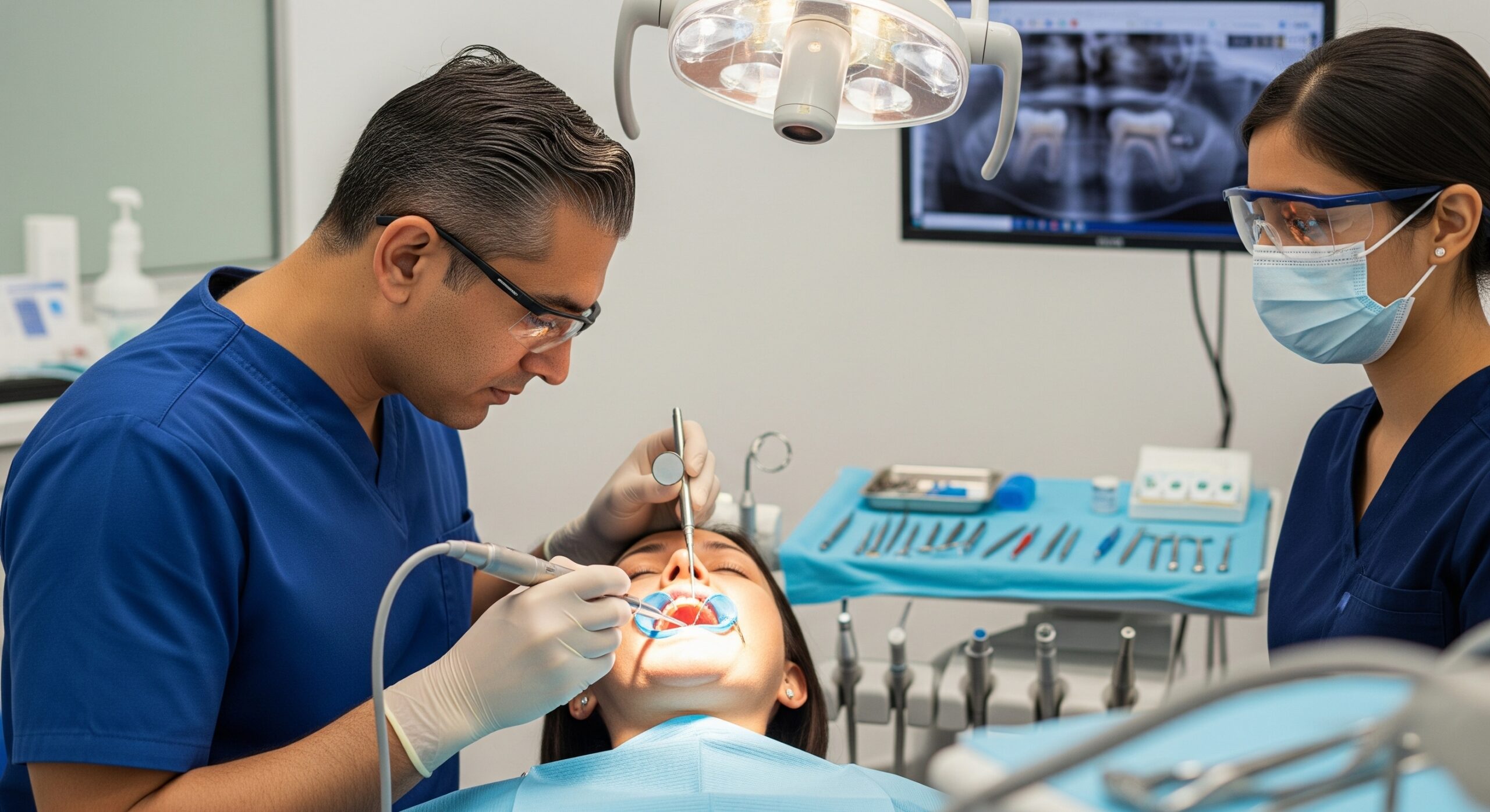 Dental team performing a detailed oral procedure with the dentist working and an assistant monitoring tools and X-rays.