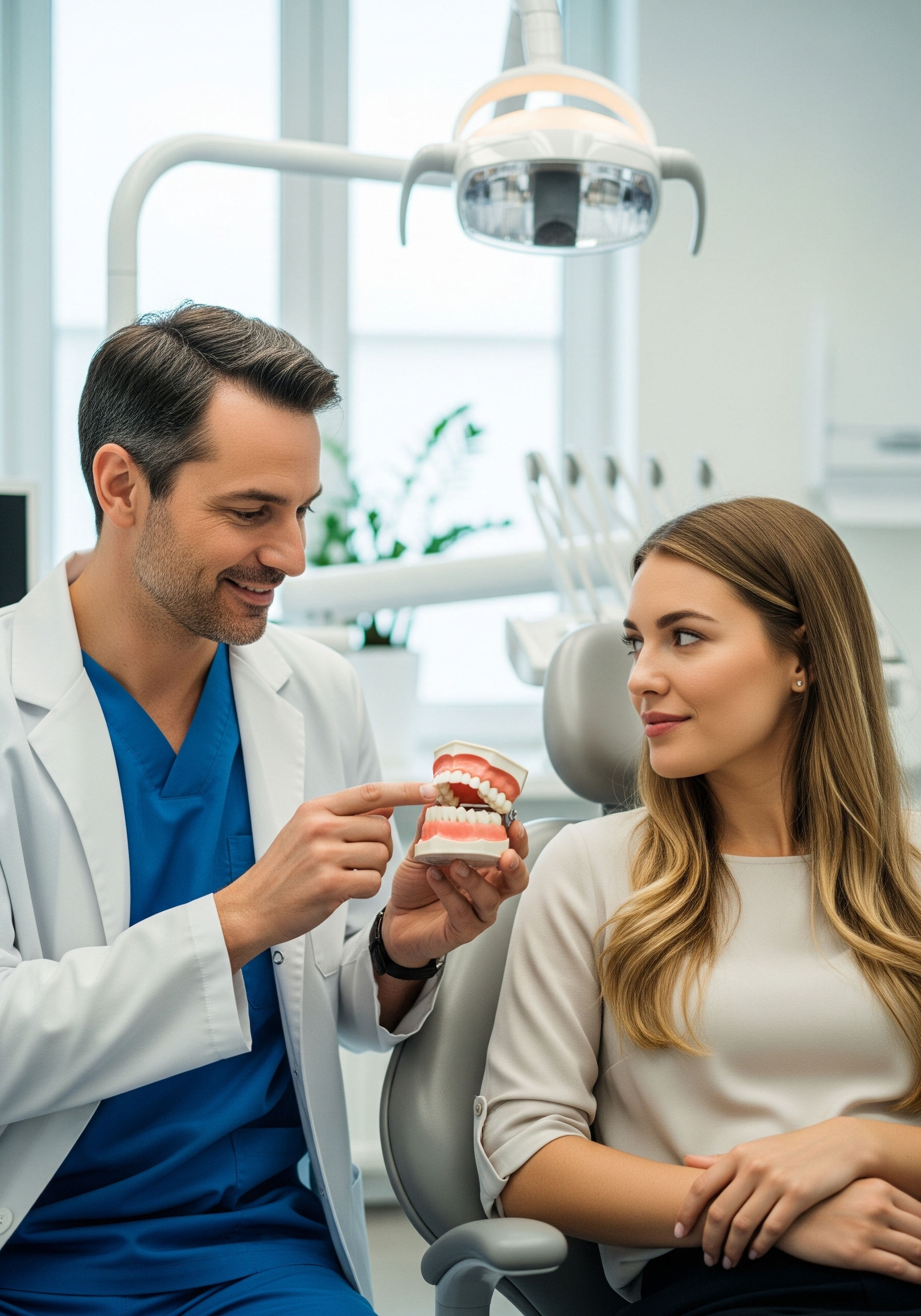 Dentist demonstrating proper tooth alignment using a dental model during a patient consultation in the clinic.