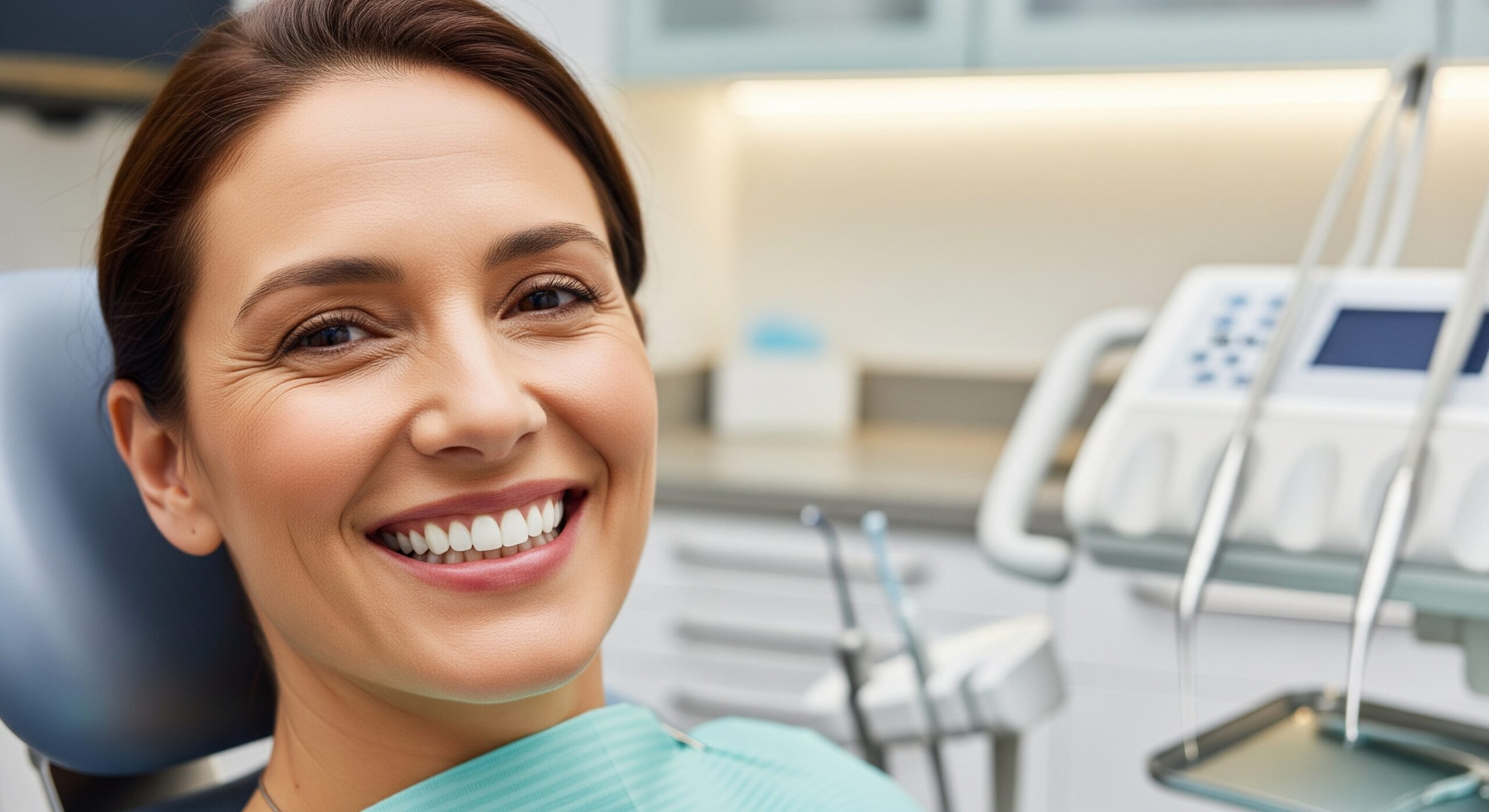 Patient smiling comfortably in the dental chair after treatment in a clean, modern clinic setting.