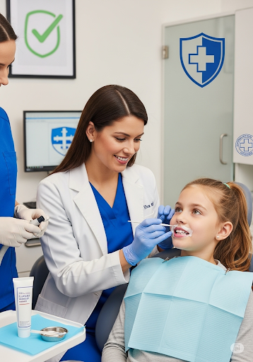 Dentist applying a fluoride treatment to a child’s teeth during a routine pediatric visit in a modern clinic.