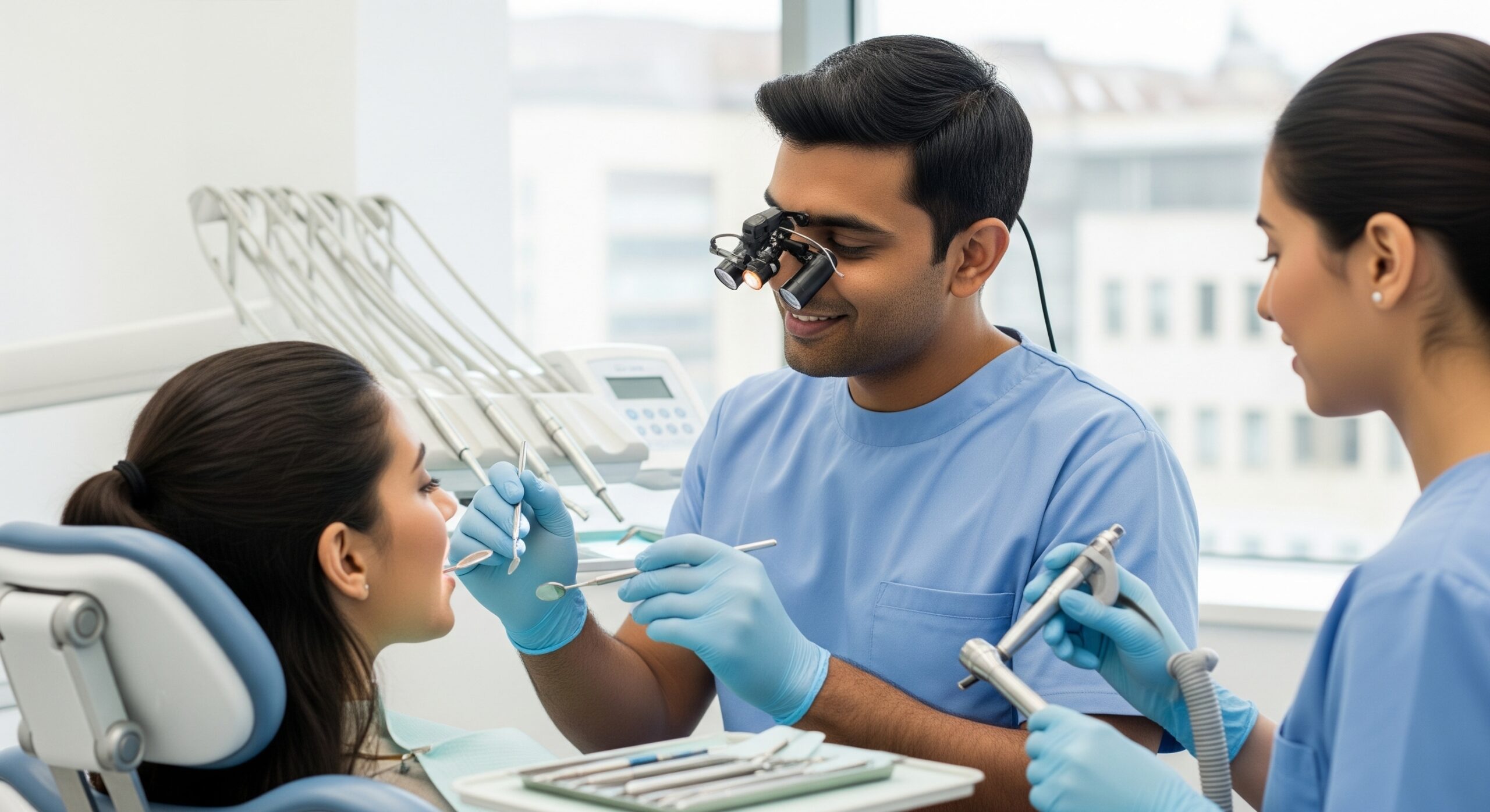 Dentist performing a detailed dental procedure with an assistant supporting in a modern clinic.