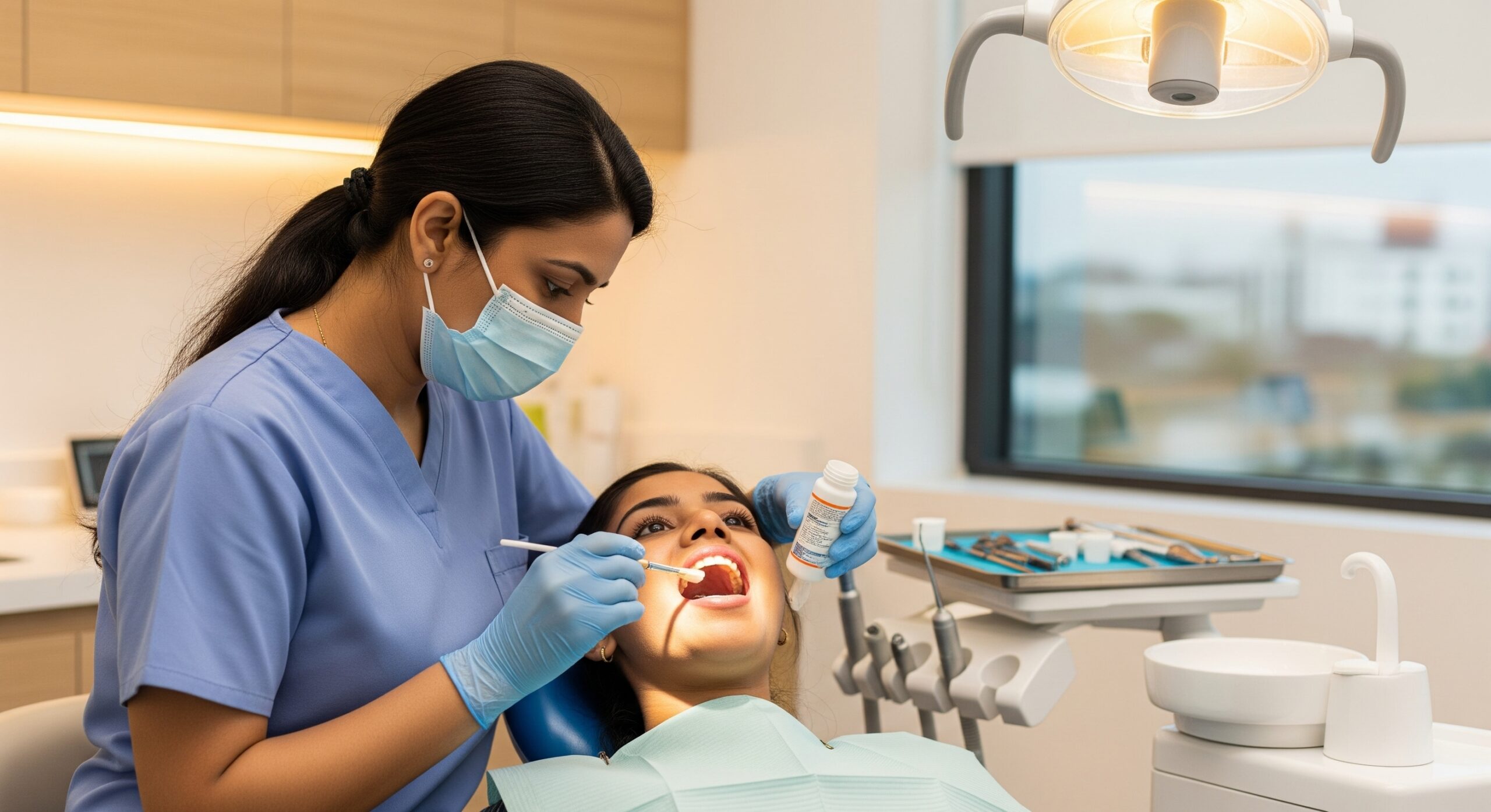 Female dentist applying dental treatment to a patient during an oral checkup in a modern clinic setting.